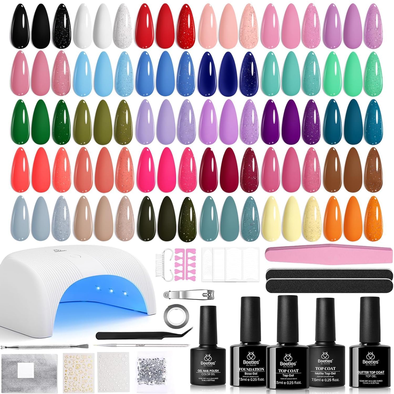 Beetles Gel Nail Polish Kit with U V Light, Beetles Four Seasons Glow 32 Colors Gel Polish 54 Pcs Nail Kit with Base and Matte&Glossy Top Coat Soak Off DIY Art Manicure Gifts for Women Teens Girls